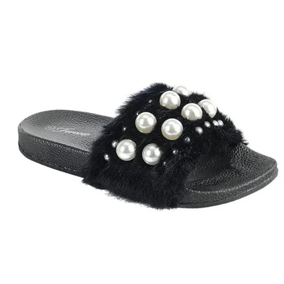 Black Slides Faux Fur and Pearl sandals NWT size 10 - Picture 2 of 9